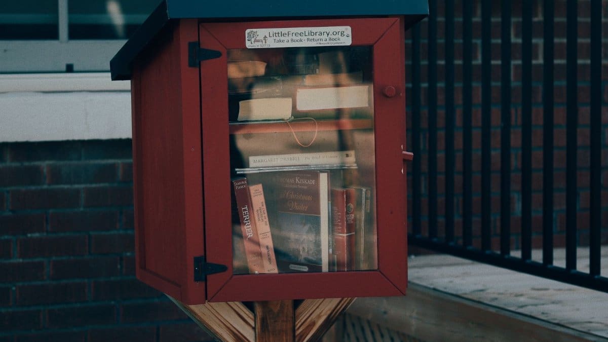 Small red box filled with books, part of a Little Free Library on a city street.