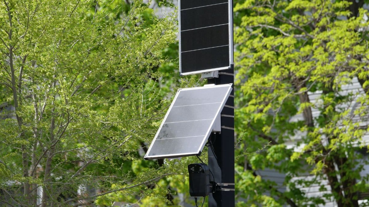 A modern solar-powered surveillance camera on a street pole amidst green foliage.