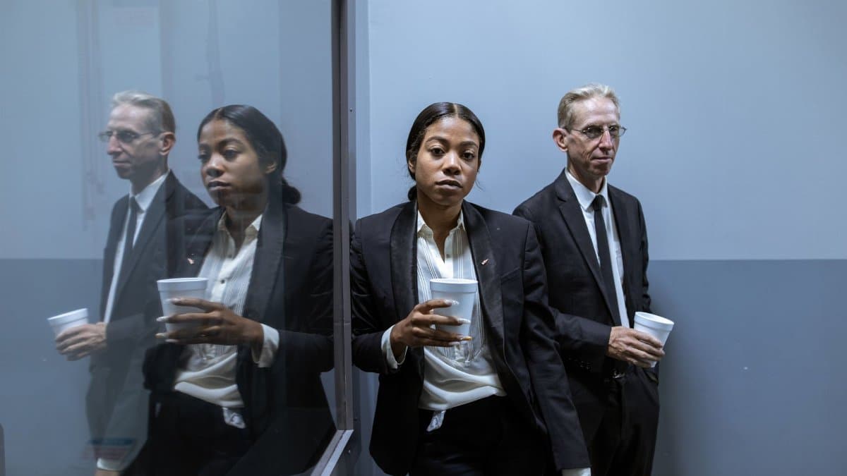 Two detectives stand in an interrogation room, holding cups and reflecting on the mission.
