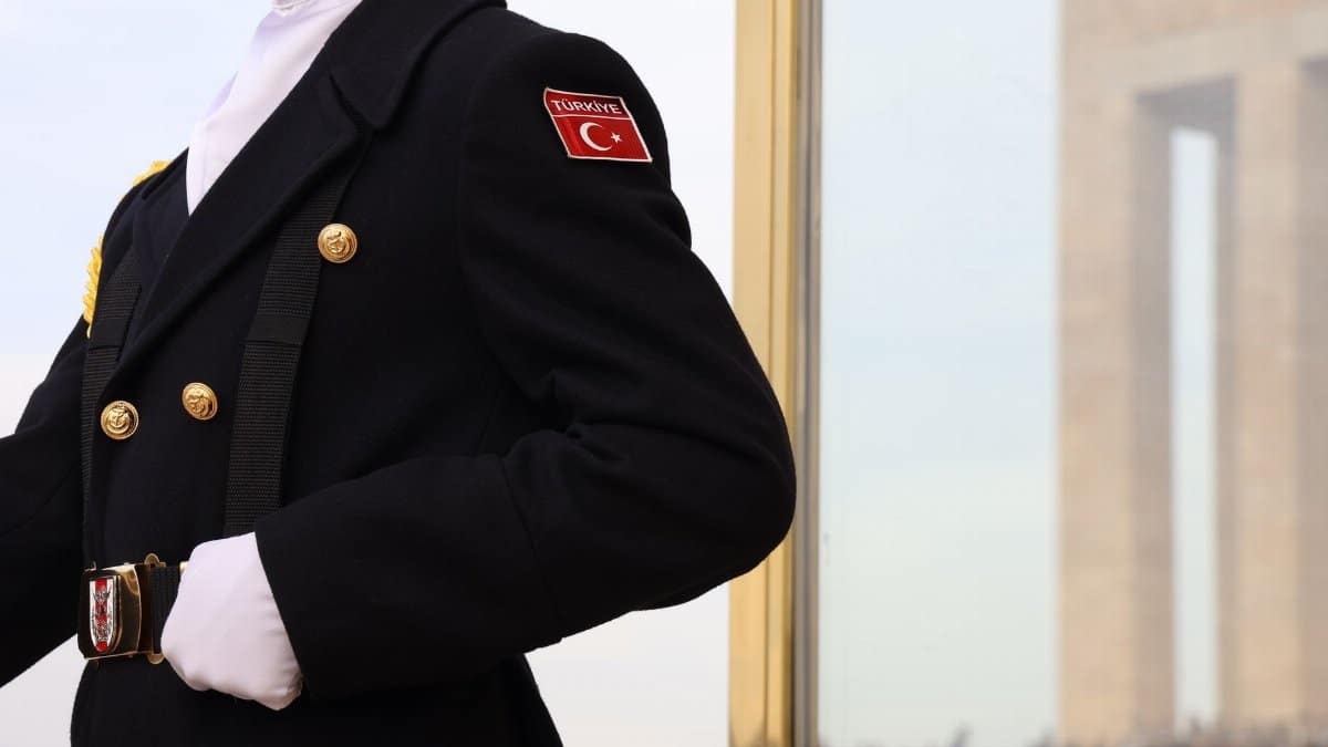 Close-up of Turkish honor guard in uniform at Anıtkabir, Ankara.