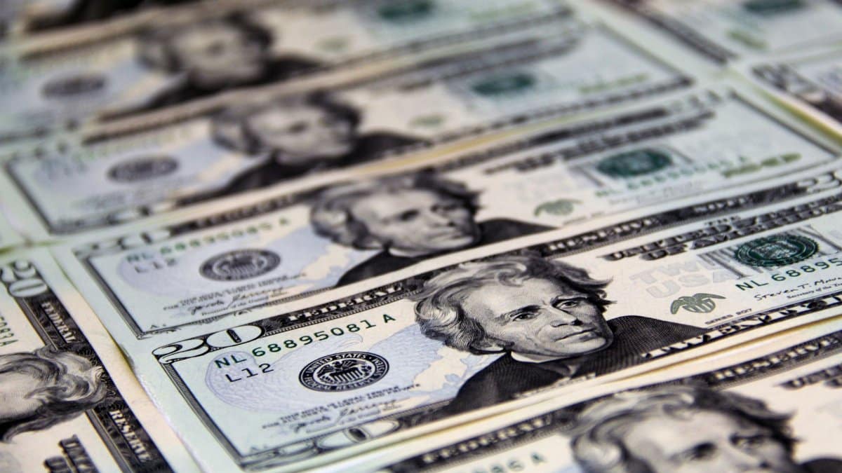 Close-up of crisp US twenty dollar bills arranged in a pattern. Ideal for finance-related visuals.