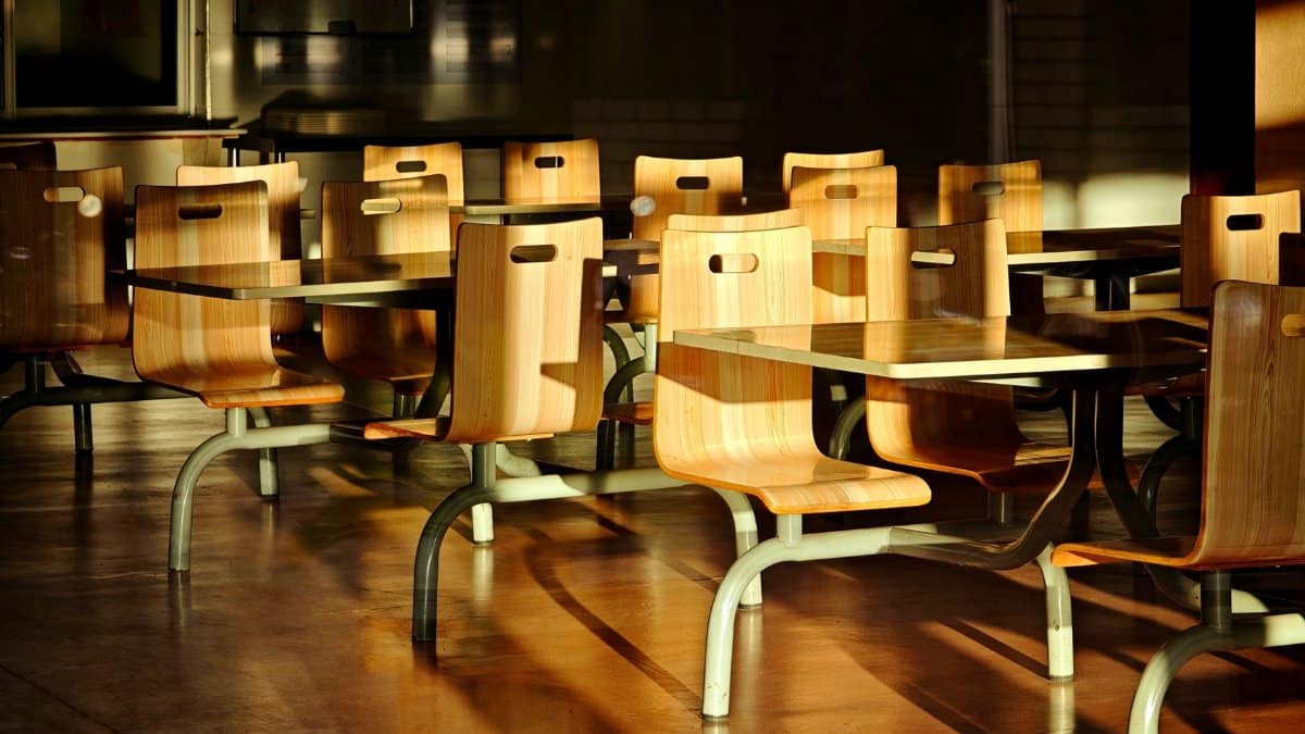 Empty wooden chairs and tables in a sunlit cafeteria setting, casting dramatic shadows.