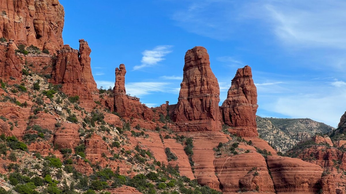 Scenic view of Sedona's famous red rock formations against a clear blue sky.
