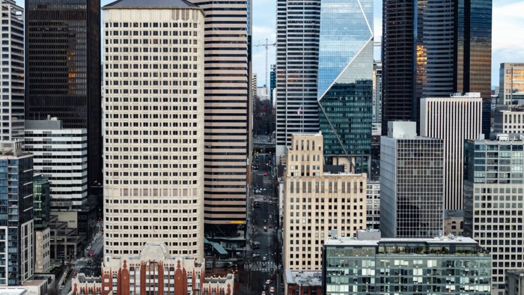 Aerial view of Seattle's downtown skyline showcasing modern skyscrapers and city life.