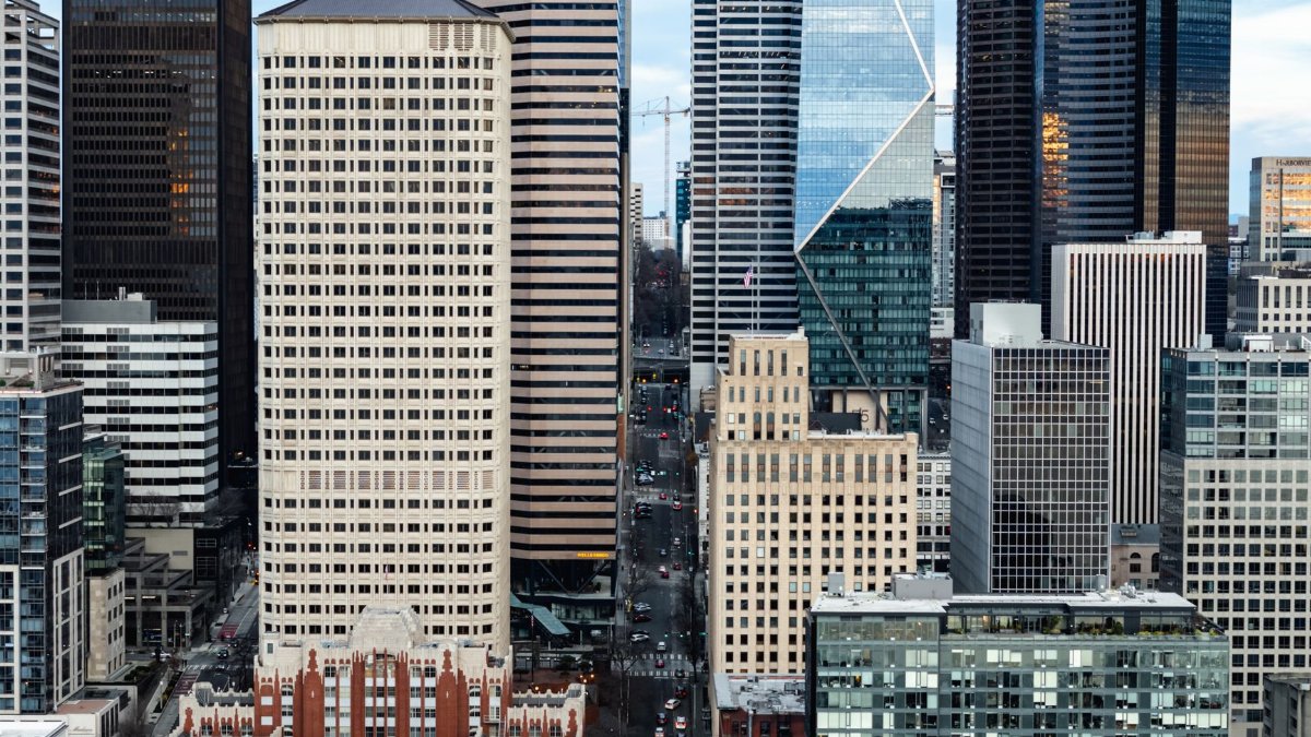 Aerial view of Seattle's downtown skyline showcasing modern skyscrapers and city life.