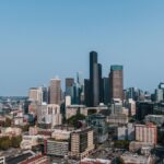 Aerial view of Seattle's skyline featuring modern skyscrapers and urban landscape.