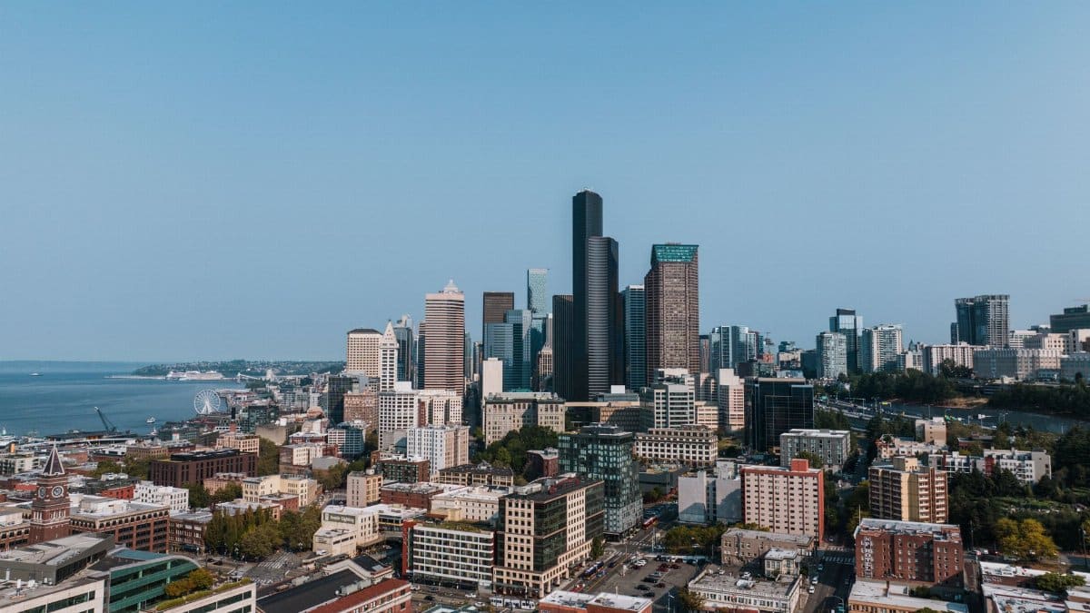Aerial view of Seattle's skyline featuring modern skyscrapers and urban landscape.