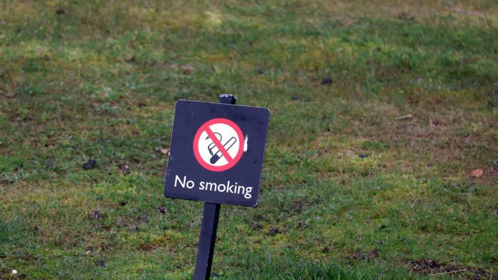 No smoking sign on a green lawn, indicating a smoke-free outdoor area.