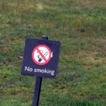 No smoking sign on a green lawn, indicating a smoke-free outdoor area.