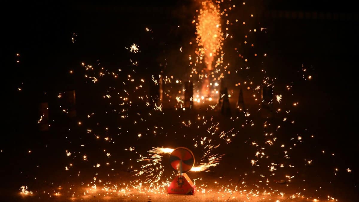 Long exposure shot of vibrant fireworks exploding at night, illuminating the sky with sparks.