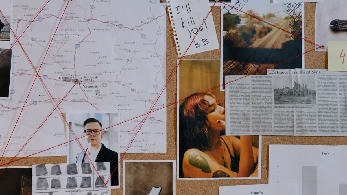 A detailed crime investigation board with photos, maps, and red threads used for connecting clues.