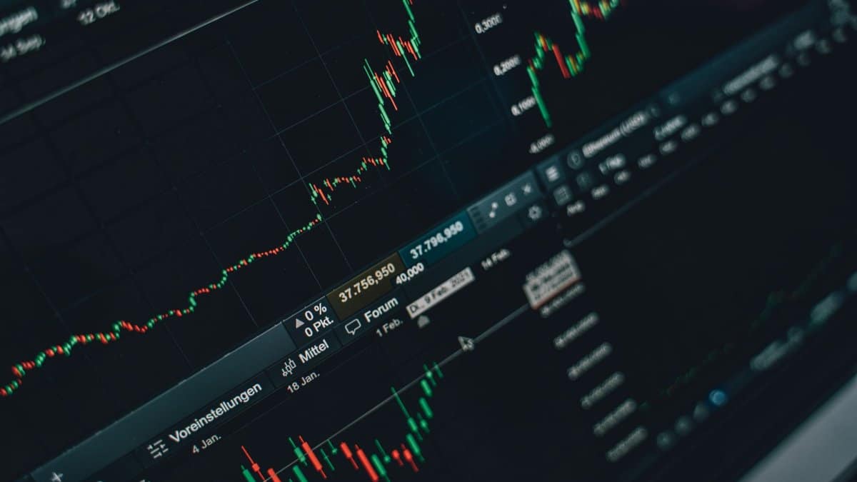Close-up of stock market trading screen displaying financial growth and charts.