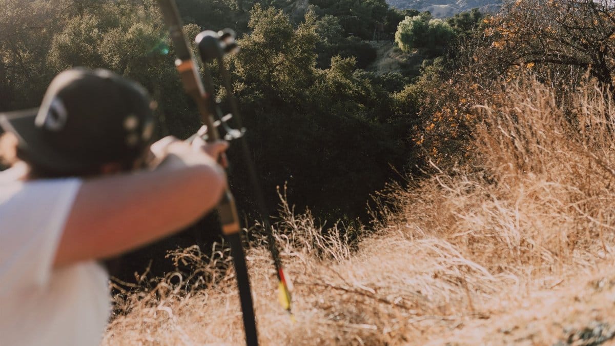 A person aiming a bow in a scenic, sunny outdoor setting, perfect for adventure themes.