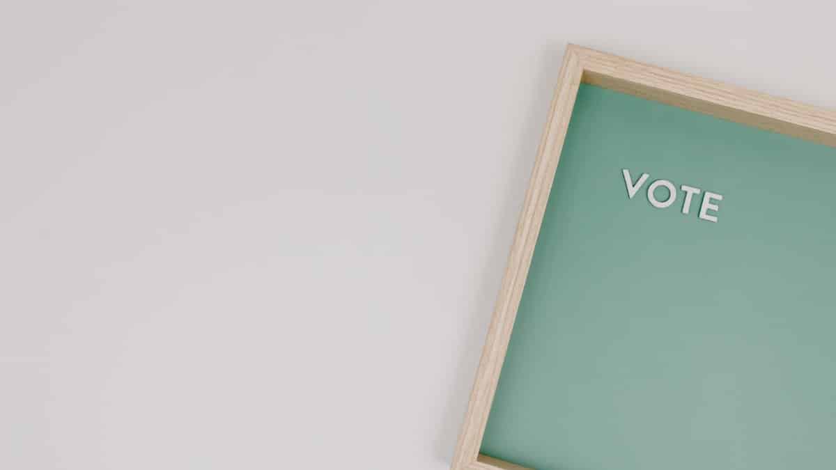 A minimalist photo of a wooden frame displaying the word 'Vote' on a green background, ideal for election themes.