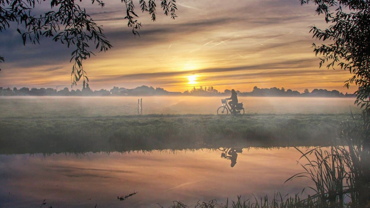 A cyclist rides along a foggy lake at sunrise, creating a serene and tranquil scene with reflections and silhouettes.