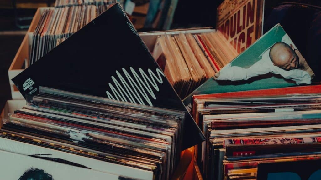 Explore a collection of vintage vinyl records on display in a Saint Petersburg shop, offering a retro music experience.