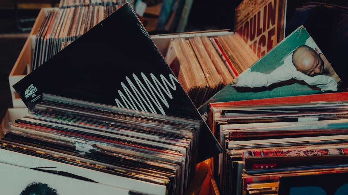 Explore a collection of vintage vinyl records on display in a Saint Petersburg shop, offering a retro music experience.