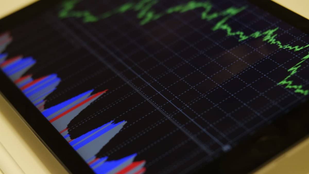 Close-up of a tablet displaying stock market analysis with colorful graphs.