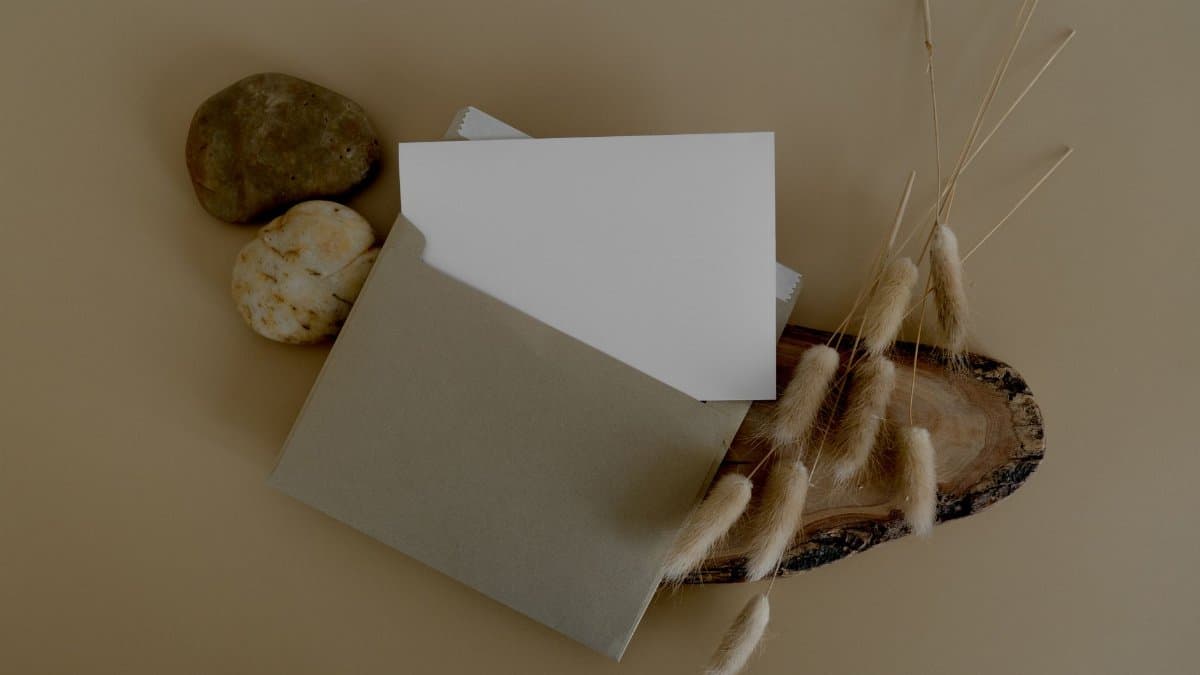 A minimalist flat lay of stationery with stones and dried plants on a neutral background.