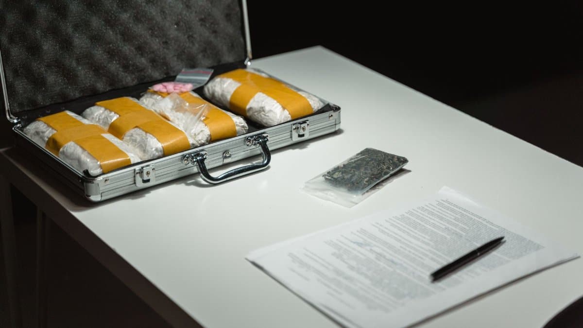 Briefcase with packages and documents on a table, suggesting illegal activity or crime scene investigation.
