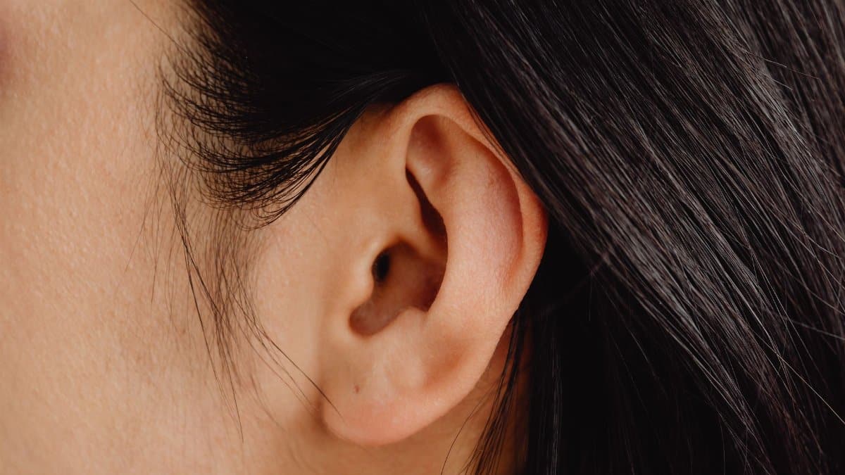 Detailed close-up photo showcasing a human ear with dark hair.