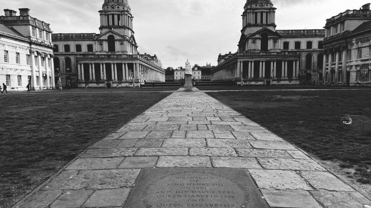 Black and white view of Old Royal Naval College in Greenwich, London.