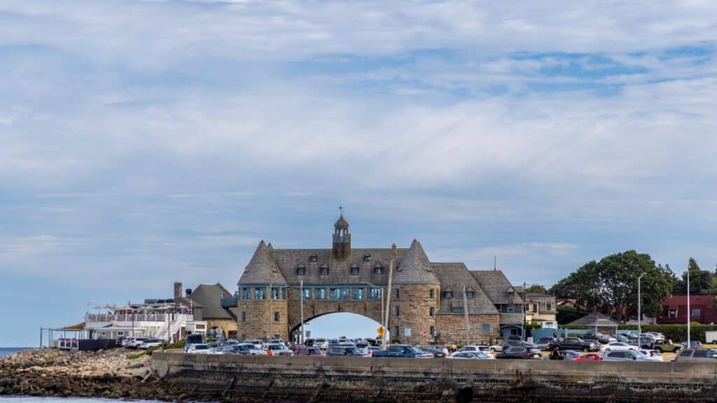 Charming coastal view of The Towers amid serene blue skies in New Shoreham, Rhode Island.