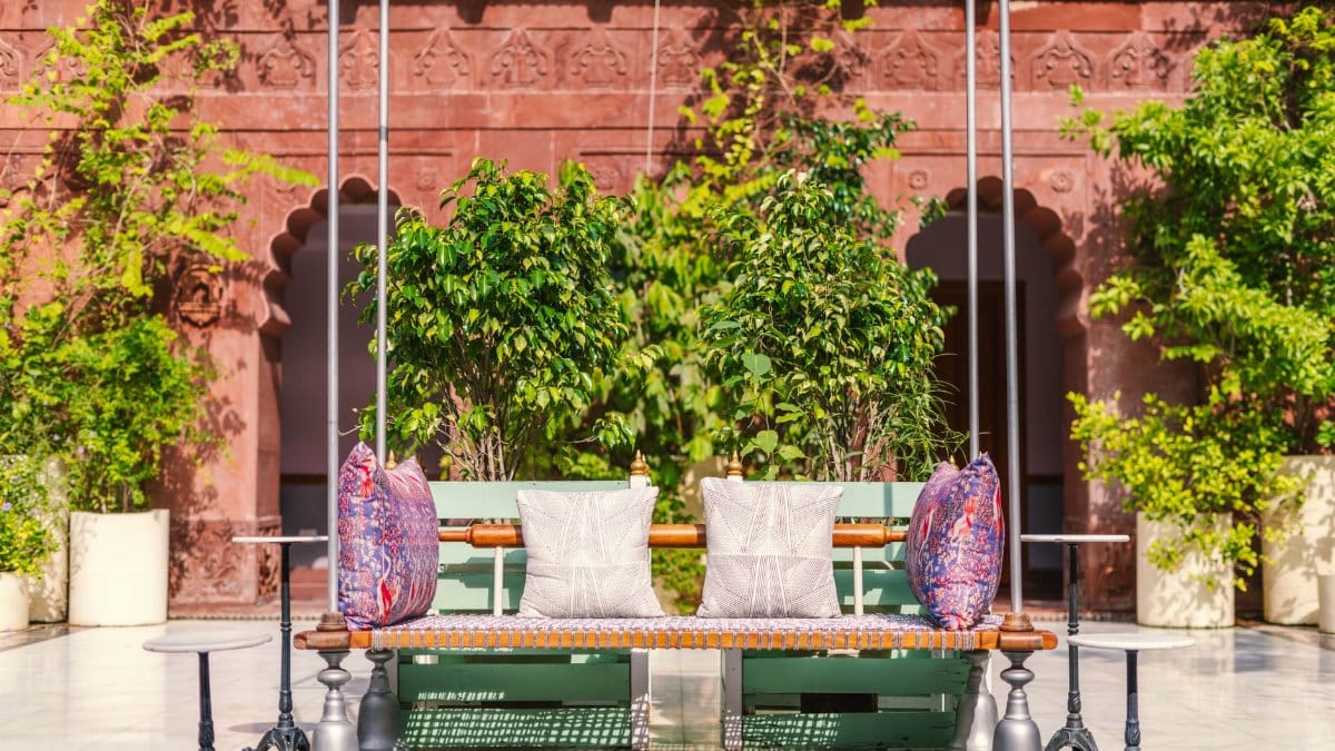 Beautifully ornate courtyard in Bikaner showcasing traditional Rajasthani architecture and design.