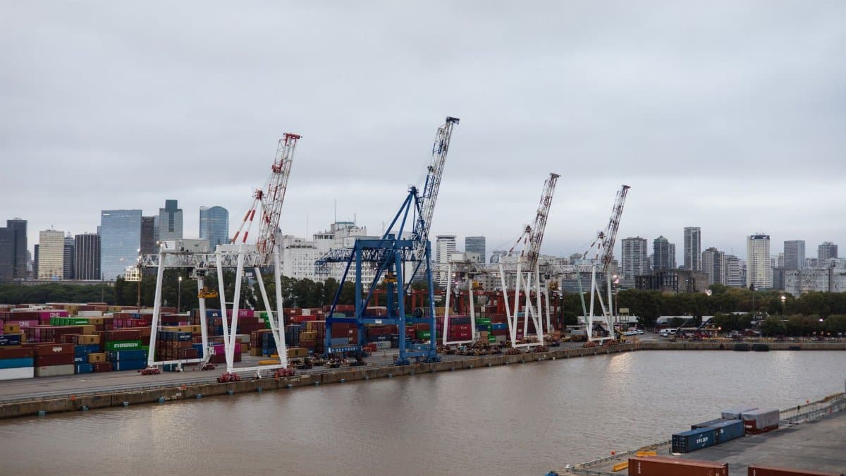 Shipping containers and cranes at a bustling port with city skyline backdrop.