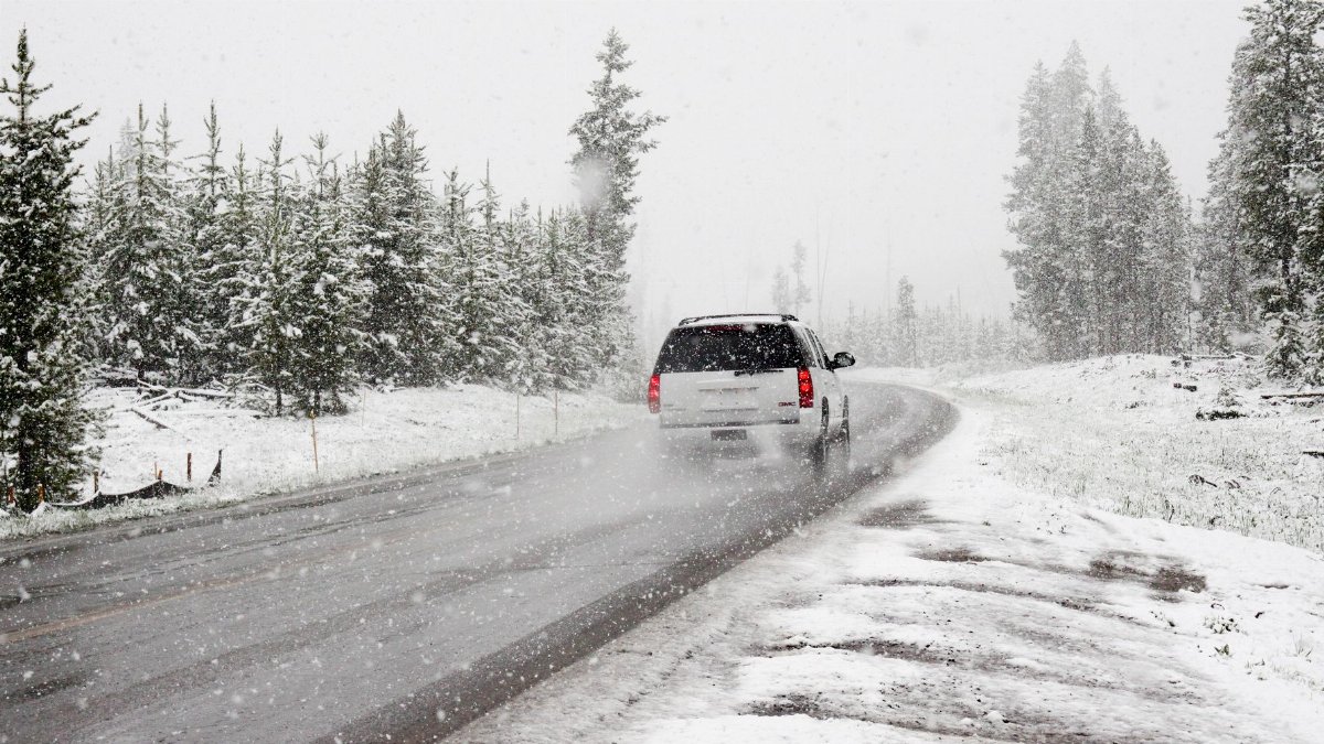 A car drives on a snowy road surrounded by trees during a snowstorm, creating a wintry scene.