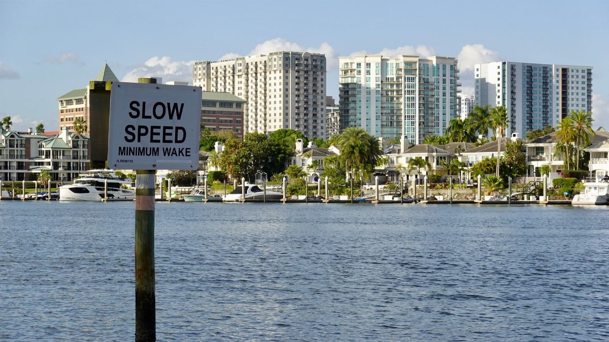 A picturesque view of downtown Tampa's waterfront with a 'Slow Speed' sign and modern buildings in the background.