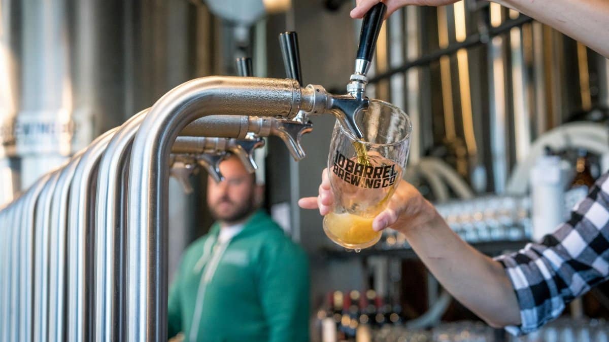 Close-up of beer being poured at a modern brewery taproom with bartender in background.
