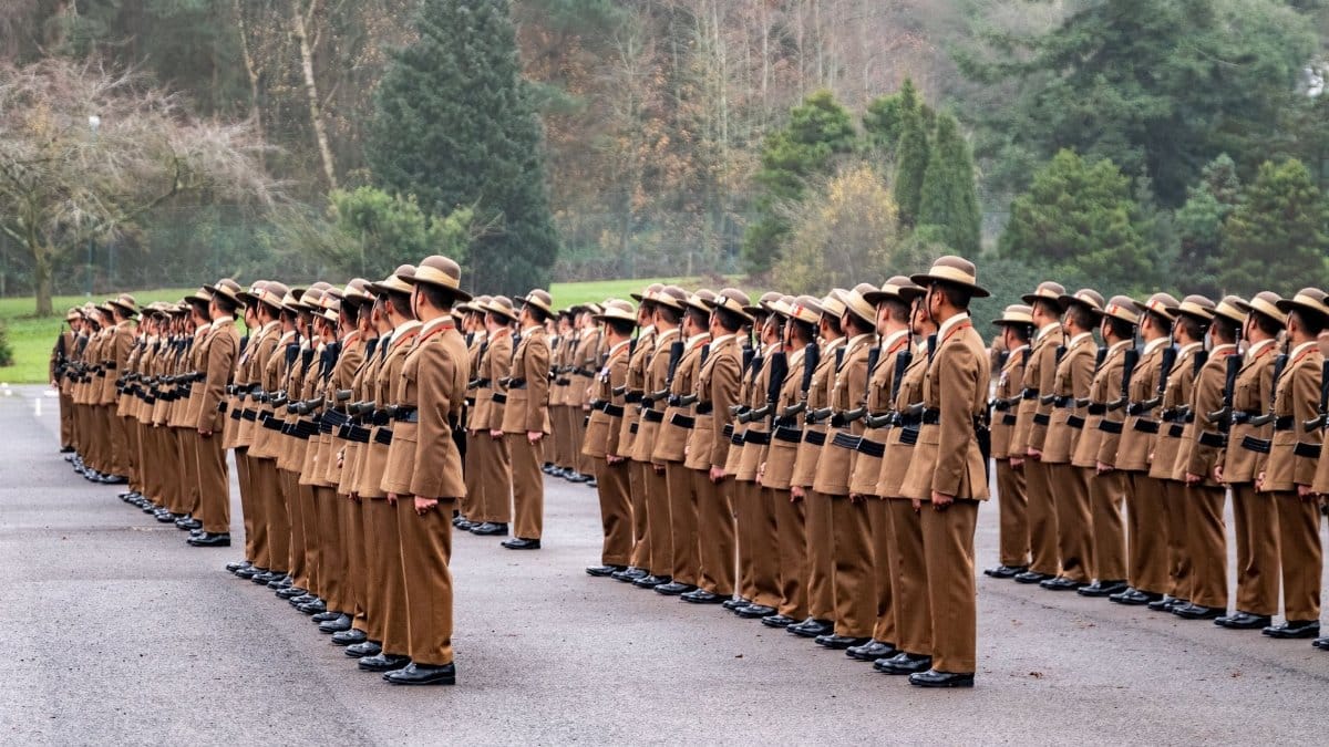 British Army soldiers in uniform during outdoor drill at Catterick.