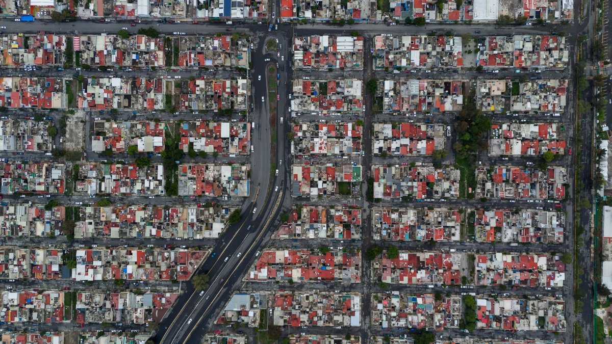 Drone image of densely packed urban grid in Ecatepec de Morelos, Mexico, showcasing the city's layout.