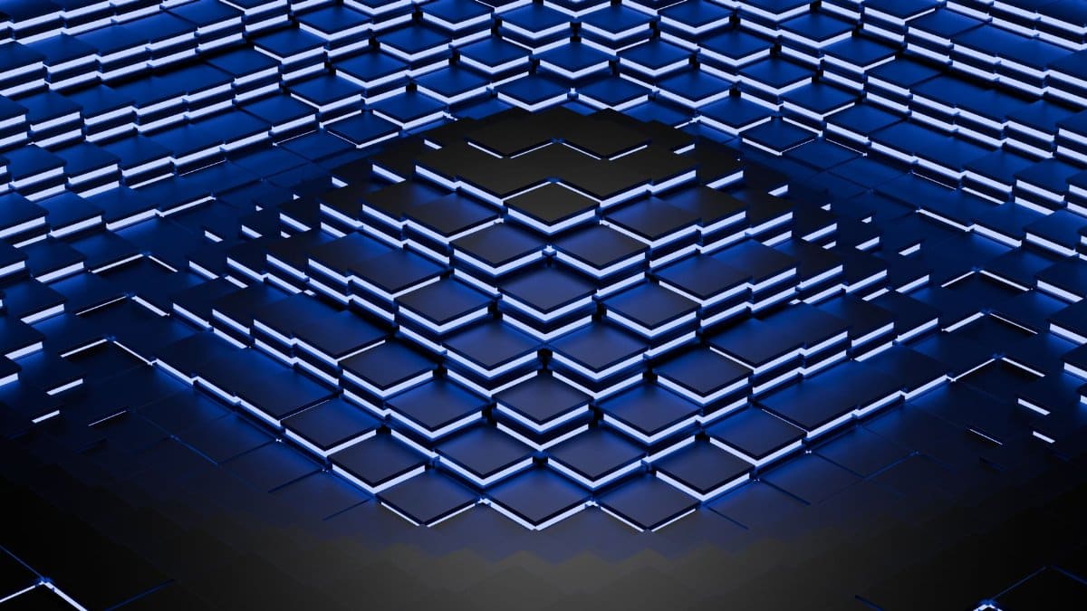 Intricate blue geometric 3D pattern with lighting effects creating a modern abstract design.