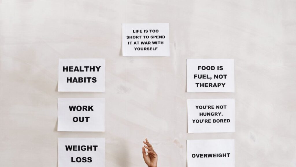 Collection of motivational quotes promoting healthy habits and mental well-being.