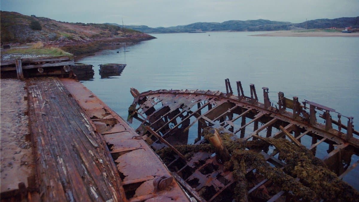 Dramatic shot of an abandoned shipwreck on a calm lake in Териберка, Russia, capturing nature's reclamation.