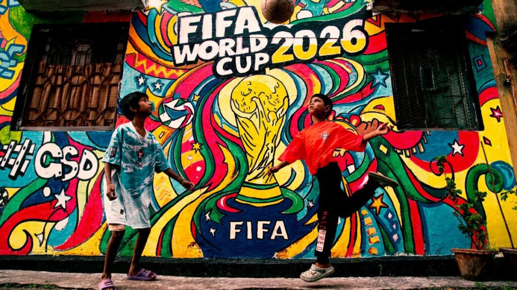 Vibrant mural of FIFA World Cup 2026 with kids playing soccer in the foreground.