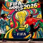 Vibrant mural of FIFA World Cup 2026 with kids playing soccer in the foreground.