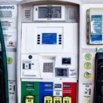 Close-up of a fuel pump showing gasoline and diesel options at a gas station in Los Angeles.