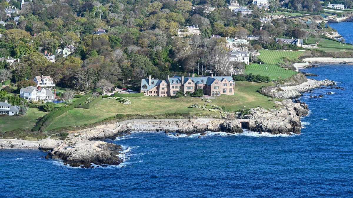 Aerial shot of coastal homes in Newport, Rhode Island with stunning ocean views.