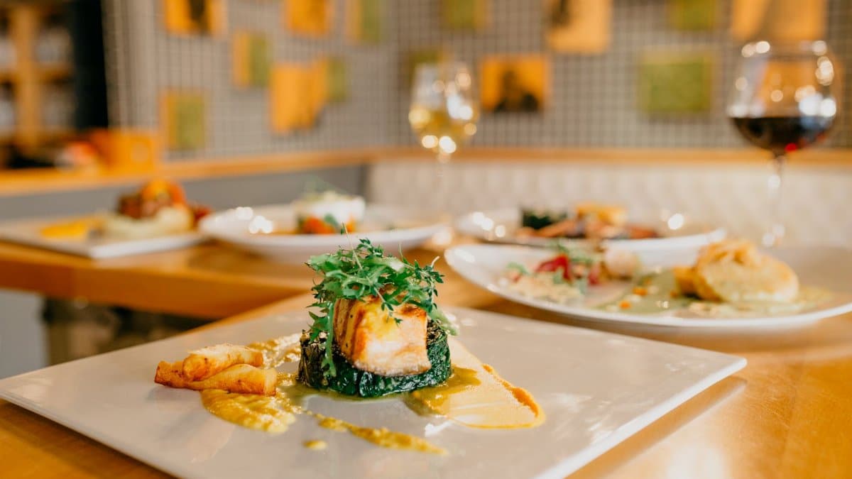 Various appetizing dishes served on white plates and glasses of wine on wooden table in modern light restaurant