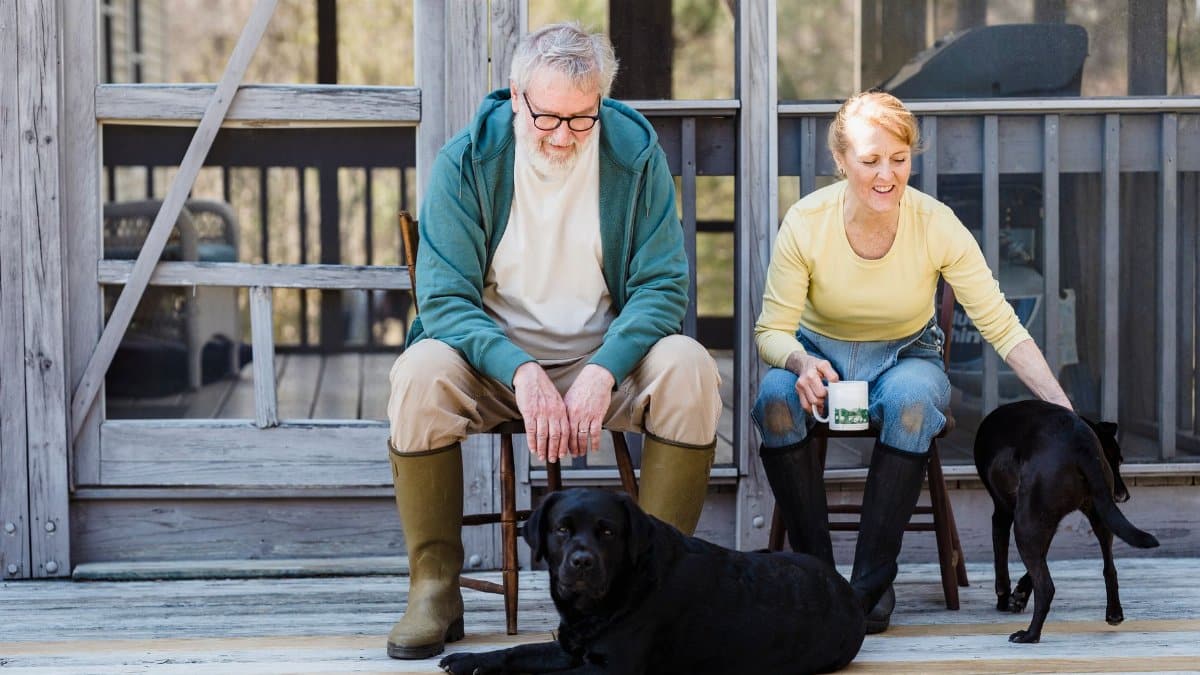 An elderly couple sits with their two dogs on a wooden porch, sharing a peaceful moment outdoors.