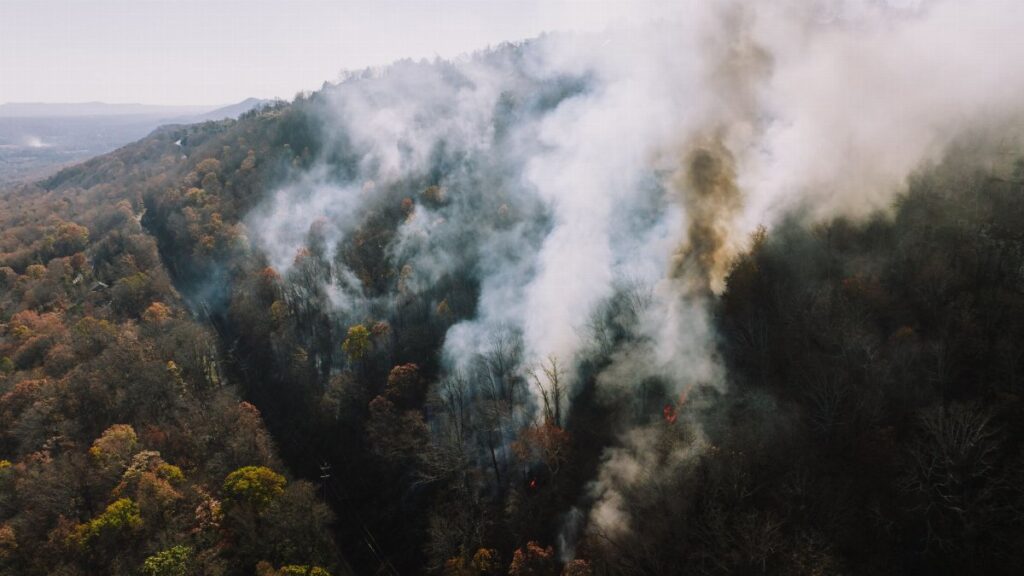Aerial view of smoke rising from forest fires in Chattanooga, Tennessee, USA.