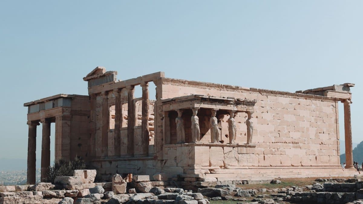 Erechtheion Temple on the Acropolis in Athens, Greece, showcasing ancient Greek architecture.