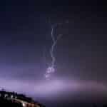 Captivating lightning bolt during a nighttime thunderstorm over silhouetted cityscape.