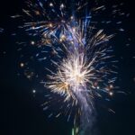 Vivid fireworks burst into colorful patterns against a clear night backdrop, creating a festive atmosphere.