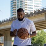 A man holding a basketball under a city bridge, conveying focus and urban sports atmosphere.