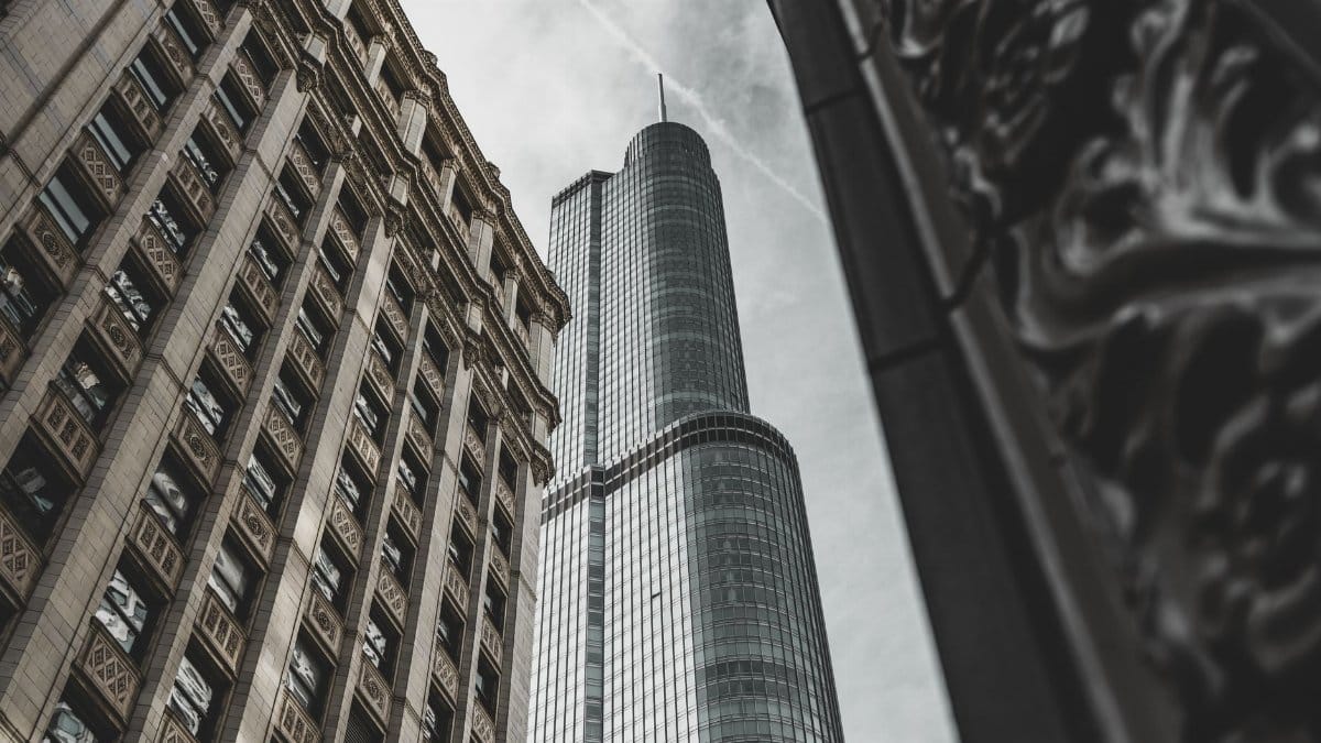 View of modern and classic skyscrapers in downtown Chicago, IL.