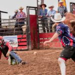 Dynamic rodeo scene with bull riders and clowns in action, capturing the excitement of the event.